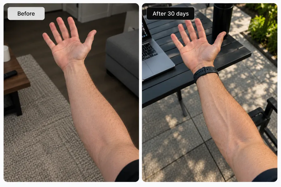 Before and after arm transformation over 30 days, at an outdoor desk