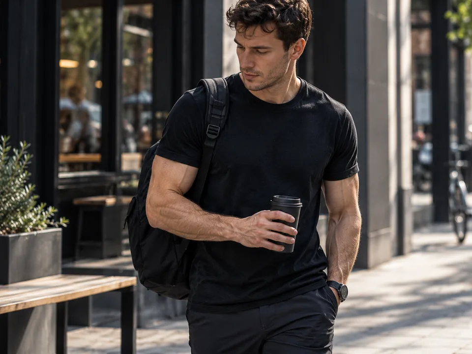 Man with a backpack and a lidded travel cup walking past a city café