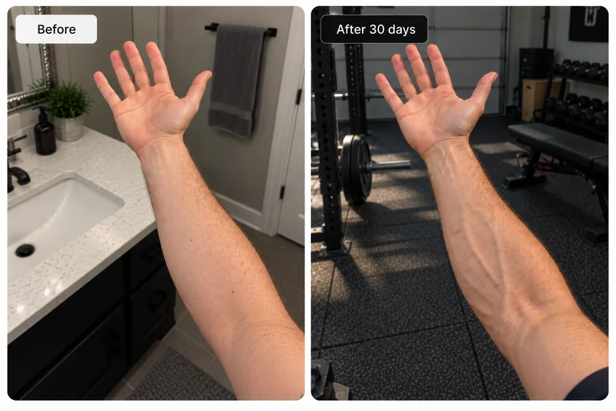 Before and after forearm progress over 30 days, in a home gym